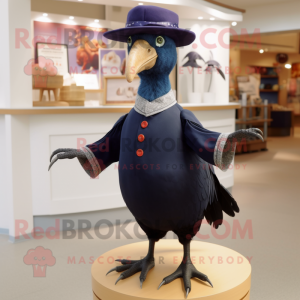 Navy Guinea Fowl mascot costume character dressed with a Culottes and Hat pins