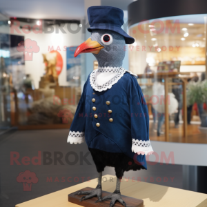 Navy Guinea Fowl mascot costume character dressed with a Culottes and Hat pins