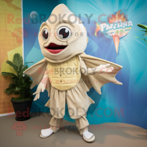 Beige Fish Tacos mascot costume character dressed with a Playsuit and Handbags