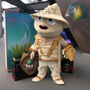 Beige Fish Tacos mascot costume character dressed with a Playsuit and Handbags