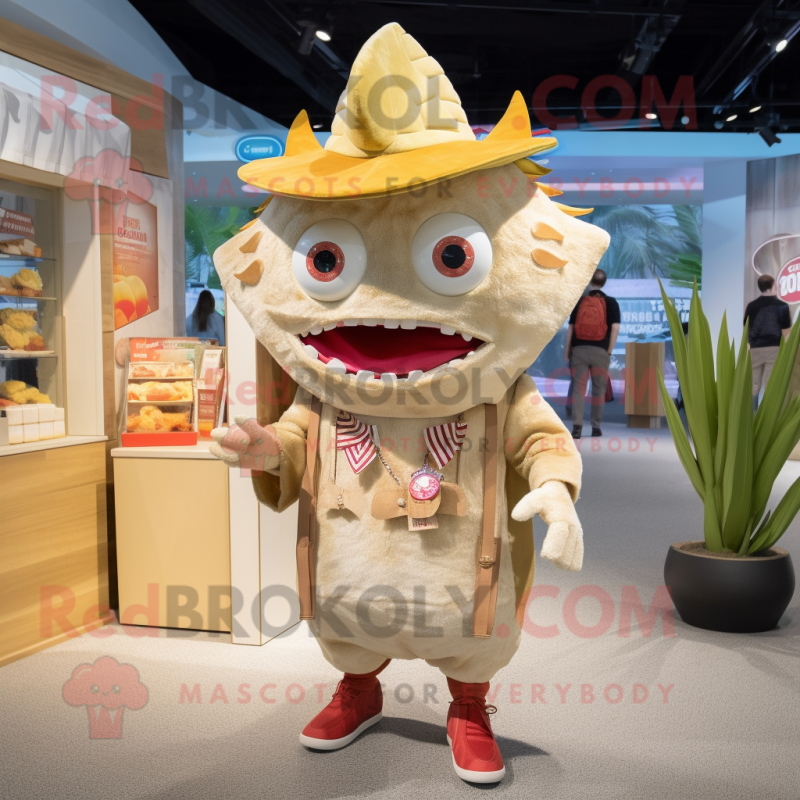 Beige Fish Tacos mascot costume character dressed with a Playsuit and Handbags Beige Fish Tacos mascot costume character dressed with a Playsuit and Handbags
