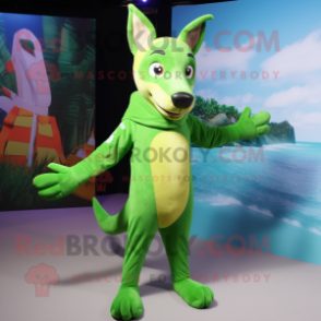 Lime Green Dingo mascot costume character dressed with a Swimwear and Wraps
