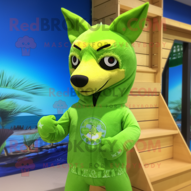 Lime Green Dingo mascot costume character dressed with a Swimwear and Wraps