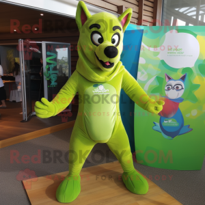 Lime Green Dingo mascot costume character dressed with a Swimwear and Wraps