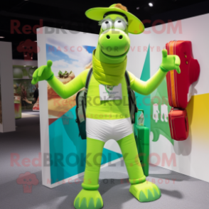 Lime Green Mare mascot costume character dressed with a Board Shorts and Briefcases