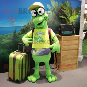 Lime Green Mare mascot costume character dressed with a Board Shorts and Briefcases