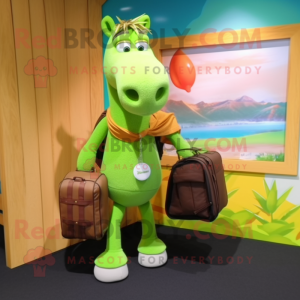 Lime Green Mare mascot costume character dressed with a Board Shorts and Briefcases