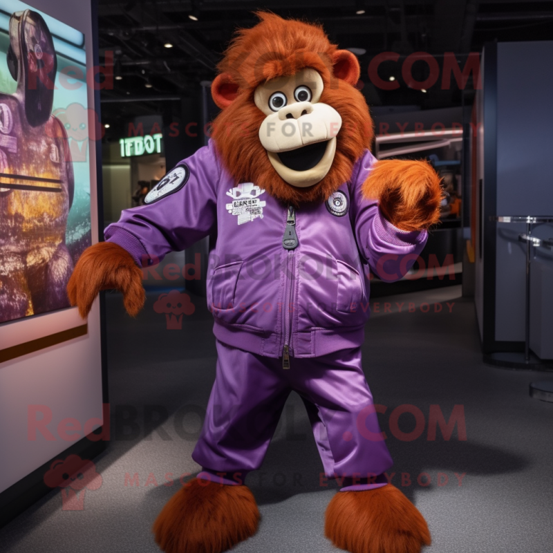 Purple Orangutan mascot costume character dressed with a Bomber Jacket and Coin purses