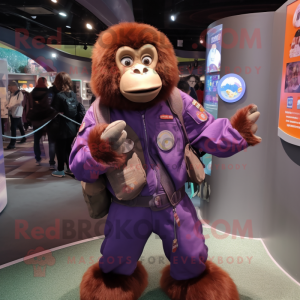 Purple Orangutan mascot costume character dressed with a Bomber Jacket and Coin purses