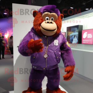 Purple Orangutan mascot costume character dressed with a Bomber Jacket and Coin purses