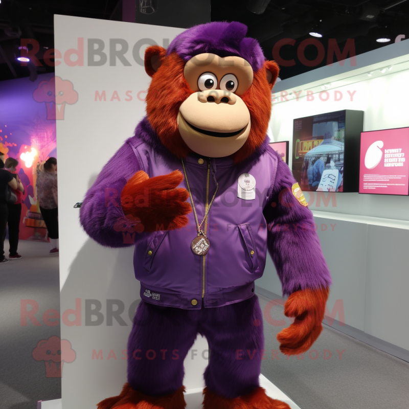 Purple Orangutan mascot costume character dressed with a Bomber Jacket and Coin purses