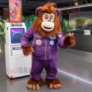 Purple Orangutan mascot costume character dressed with a Bomber Jacket and Coin purses