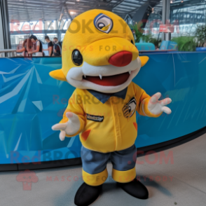 Yellow Shark mascot costume character dressed with a T-Shirt and Berets