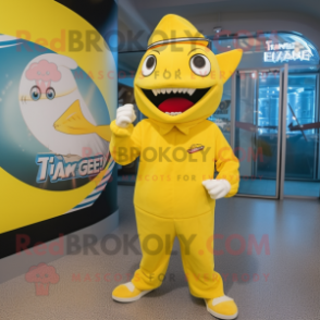 Yellow Shark mascot costume character dressed with a T-Shirt and Berets