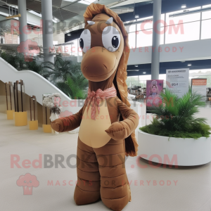 Brown Sea Horse mascot costume character dressed with a Pencil Skirt and Headbands