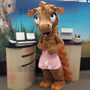 Brown Sea Horse mascot costume character dressed with a Pencil Skirt and Headbands