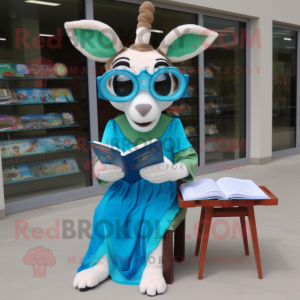 Cyan Gazelle mascot costume character dressed with a A-Line Dress and Reading glasses