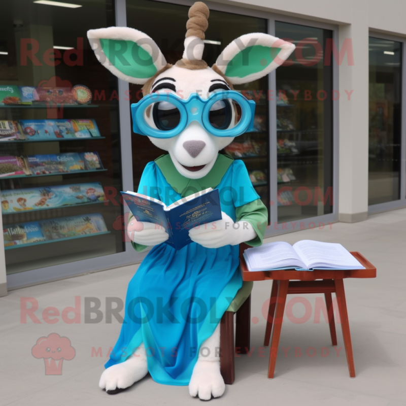Cyan Gazelle mascot costume character dressed with a A-Line Dress and Reading glasses Cyan Gazelle mascot costume character dressed with a A-Line Dress and Reading glasses
