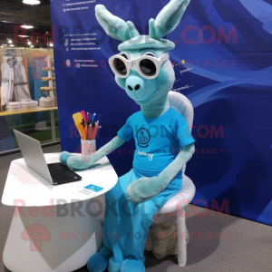 Cyan Gazelle mascot costume character dressed with a A-Line Dress and Reading glasses