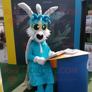 Cyan Gazelle mascot costume character dressed with a A-Line Dress and Reading glasses