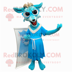 Cyan Gazelle mascot costume character dressed with a A-Line Dress and Reading glasses