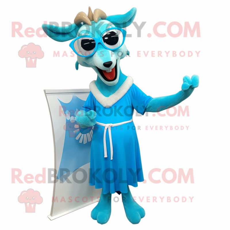 Cyan Gazelle mascot costume character dressed with a A-Line Dress and Reading glasses Cyan Gazelle mascot costume character dressed with a A-Line Dress and Reading glasses