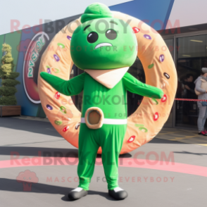 Forest Green Donut mascot costume character dressed with a Jumpsuit and Scarves