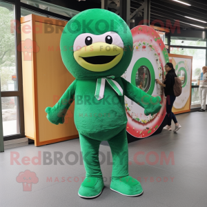 Forest Green Donut mascot costume character dressed with a Jumpsuit and Scarves