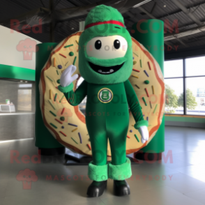 Forest Green Donut mascot costume character dressed with a Jumpsuit and Scarves