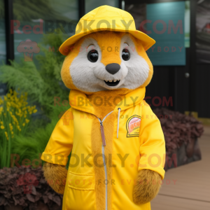 Yellow Mongoose mascot costume character dressed with a Windbreaker and Hat pins