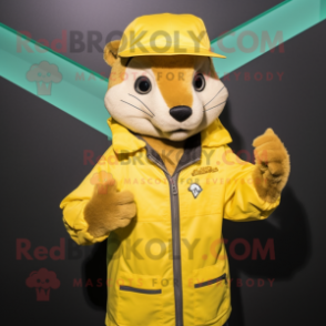 Yellow Mongoose mascot costume character dressed with a Windbreaker and Hat pins