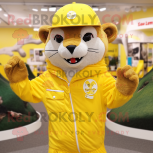 Yellow Mongoose mascot costume character dressed with a Windbreaker and Hat pins