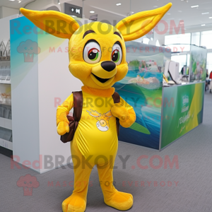 Lemon Yellow Roe Deer mascot costume character dressed with a Capri Pants and Backpacks