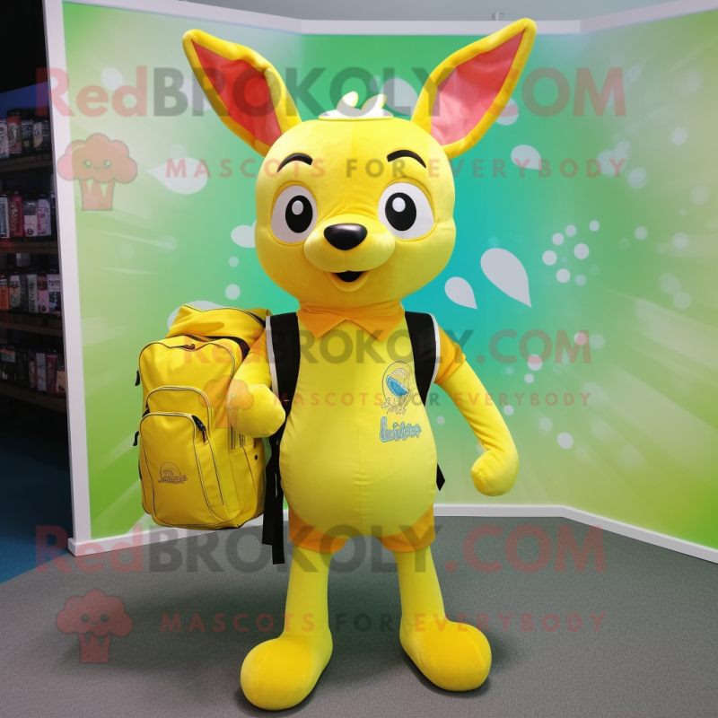 Lemon Yellow Roe Deer mascot costume character dressed with a Capri Pants and Backpacks