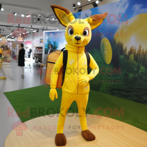 Lemon Yellow Roe Deer mascot costume character dressed with a Capri Pants and Backpacks