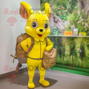 Lemon Yellow Roe Deer mascot costume character dressed with a Capri Pants and Backpacks