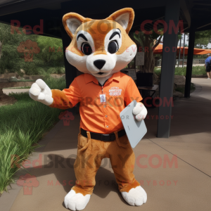 Orange Bobcat mascot costume character dressed with a Button-Up Shirt and Clutch bags