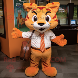 Orange Bobcat mascot costume character dressed with a Button-Up Shirt and Clutch bags