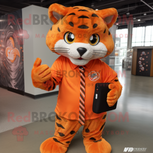 Orange Bobcat mascot costume character dressed with a Button-Up Shirt and Clutch bags