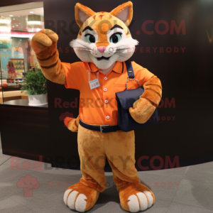 Orange Bobcat mascot costume character dressed with a Button-Up Shirt and Clutch bags