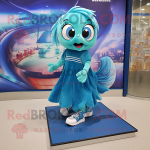 Turquoise Betta Fish mascot costume character dressed with a Shift Dress and Shoe laces