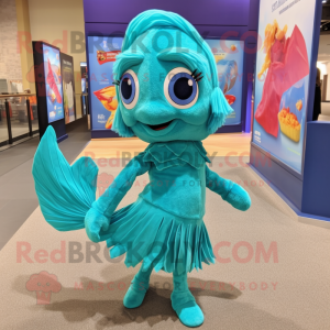 Turquoise Betta Fish mascot costume character dressed with a Shift Dress and Shoe laces