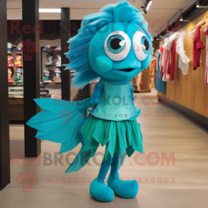 Turquoise Betta Fish mascot costume character dressed with a Shift Dress and Shoe laces