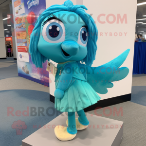 Turquoise Betta Fish mascot costume character dressed with a Shift Dress and Shoe laces