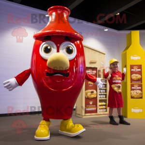 Gold Bottle Of Ketchup mascot costume character dressed with a Romper and Watches