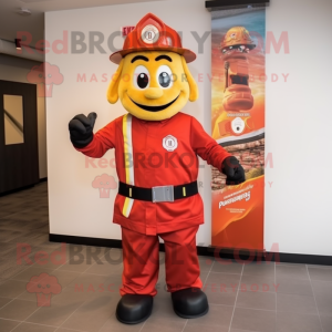 Rust Fire Fighter mascot costume character dressed with a Suit Jacket and Shawl pins