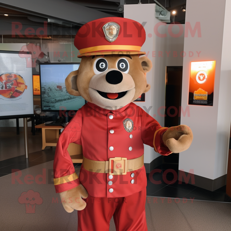 Rust Fire Fighter mascot costume character dressed with a Suit Jacket and Shawl pins Rust Fire Fighter mascot costume character dressed with a Suit Jacket and Shawl pins