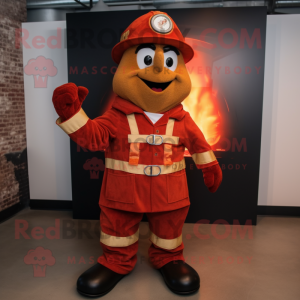 Rust Fire Fighter mascot costume character dressed with a Suit Jacket and Shawl pins