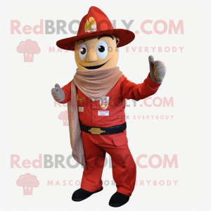 Rust Fire Fighter mascot costume character dressed with a Suit Jacket and Shawl pins