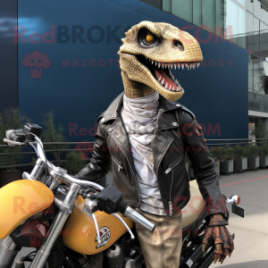 nan Velociraptor mascot costume character dressed with a Moto Jacket and Necklaces